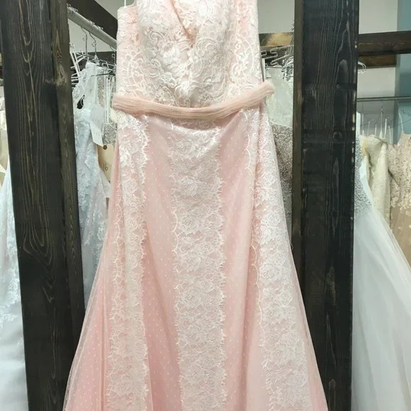 BLUSH Champagne Lace Rustic Wedding Dress, Cap Sleeve, Boat Neck Elegant Mother - Picture 7 of 15